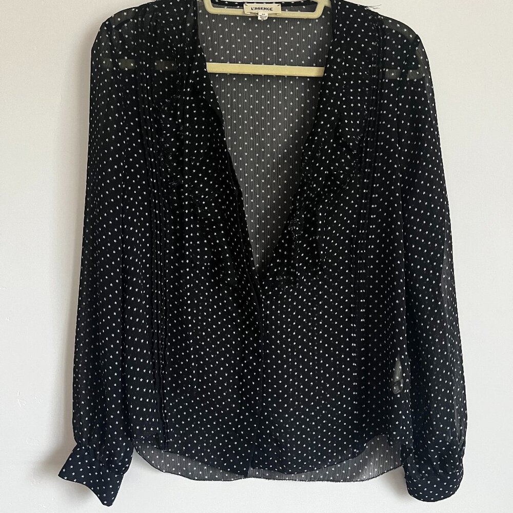 L'AGENCE Womens Tabitha Star Print Blouse Top Ruffled Tie Front Black Size S/P
